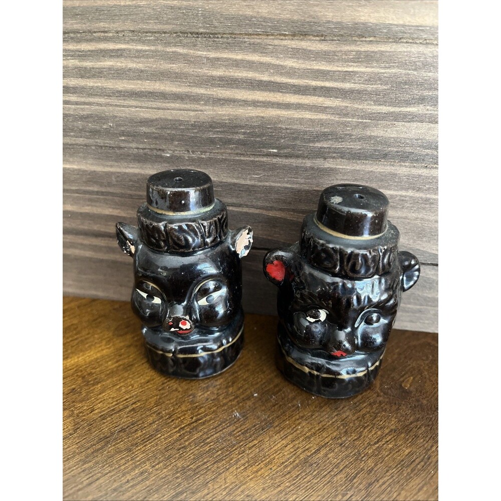 Vintage Ceramic Japan Black Bears in Hats Salt and Pepper Shakers
